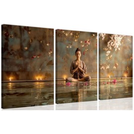 Framed Abstract Yoga and Meditation Wall Art 3 Piece Set - Living Room Yoga Studio Spa Meditation Buddha and Floating Lotus Wall Decoration with Candles and Cherry Blossoms, Serene Woman Unstressing, For Home, Office, Bedroom, Multi-coloured Contemporary