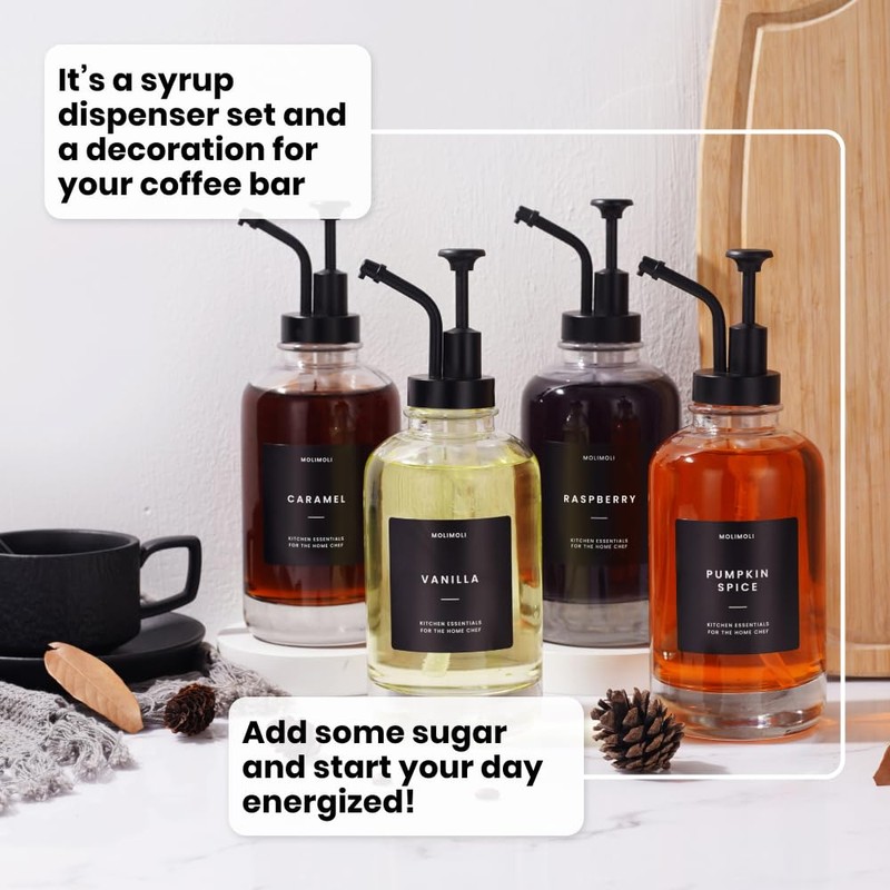 Molimoli Coffee Syrup Dispenser Set of 4, Glass Bottles with