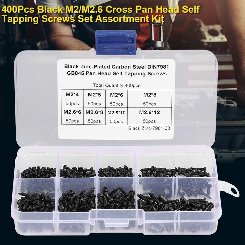 Self Tapping Screws - 400pcs Black M2 / M2.6 Pan