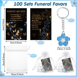 Equsion 100 Sets Funeral Favors for Guests Forget Me Not Flower Keychain and Prayer Card Sympathy Gifts for Memorial Party Remembrance