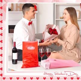 Kolldenn 100 Pieces Valentine's Day Gift Bags Bulk Red and Pink Plastic Gift Bags with Handle Goodie Candy Bags Holiday Treat Bags for Valentine's Day Party Favor Supplies (6.3 x 9.8 Inch)