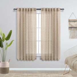 52 by 45 Inches Long Taupe Small Window Curtain for Kitchen,Boho Pom Pom Textured Earthy Neutral Semi Sheer Short Curtains for Bathroom