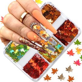 Fall Glitter Nail Sequins Maple Leaf Nail Glitters Flakes 3D Maple Leaves Nail Art Stickers Decals Gold Laser Glitter Nail Designs Retro for Manicure Autumn Winter Gel Nail Art Decorations 6 Grids