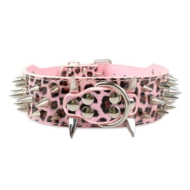 2" Wide Spiked Dog Collars, Leather Dog Collars for Large Medium Dogs, Pit Bull Mastiff Rottweiler,Pitbull,Labrador, Boxer (M:17-20", Pink Leopard)