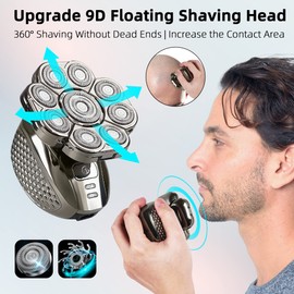 Glatzen Rasierer Herren, IPX7 Wasserdicht 9D Flexibler Schwebekopf, Nass & Trocken Kopfrasierer, LED-Anzeige, 120 Min Akkulaufzeit, 6-in-1 Pflege-Set (9D)