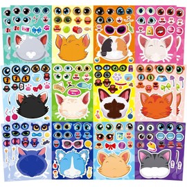 24 Sheets Cartoon Make a Face Stickers, Make Your Own DIY Stickers for Kids, Art Crafts Suitable for Birthday Party Supplies Gifts (Cat)