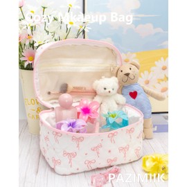 Quilted Makeup Bag Large Travel Zipper Soft Cosmetic Case for Women Girls Make Up,Bow Pink