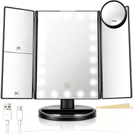 Espejo de Maquillaje Triptico con 2X 3X 10X Aumentos, Espejo con 21 LED Luz