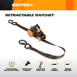 Keeper 2-Pack Retractable Ratchet Tie Down Straps – 1" x 10' Auto-Retract for Motorcycles, ATVs, UTVs, Moving & Trailer Loads – Safety Brake, Split Drum, 500 lbs WLL, S-Hooks with Clips