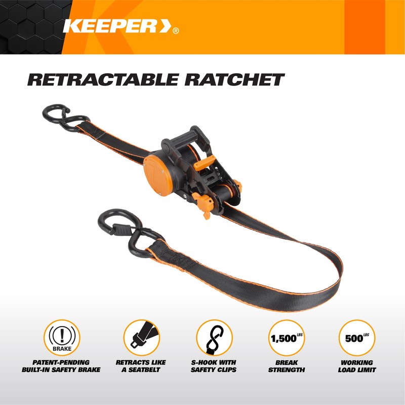 Keeper 2-Pack Retractable Ratchet Tie Down Straps – 1" x