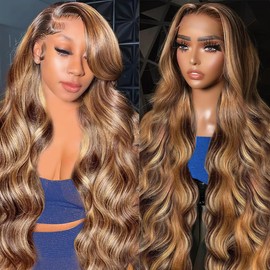 AILICEEHR Highlight 5x5 HD Lace Closure Wigs Human Hair Body Wave P4/27 Ombre Lace Closure Wig for Black Women 180 Density Honey Blonde Closure Wigs Pre Plucked Glueless 18 Inch