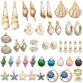 49 Pcs Shell Charms, 6 Style Shell Pendant, Assorted Seashells Charms Beads Conch Shells Charms Pearl Pendants Starfish Pendants Ocean Sea Charm for Women Necklace Bracelet Jewelry Making