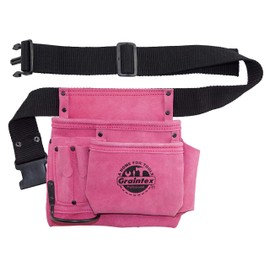 GRAINTEX SS2081 5 Pocket Nail & Tool Pouch Pink Color Suede Leather with 2” Webbing Belt for Constructors, Electricians, Plumbers, Handymen