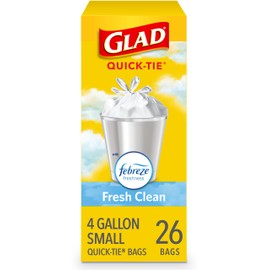 Glad Small Trash Bags 4 Gallon, Febreze Fresh Clean Garbage Bags, Odor Resistant with Quick Tie, 26 Count