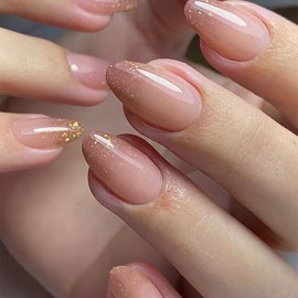 MERVF Almond Press on Nails Medium Fake Nails Gold Glitter French Tip Stiletto Glue on Nails Press ons Light Brown Soild Color Elegant Acrylic Nails 24pcs Glossy