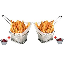 Mini Chips Fry Basket Stainless Steel Fryer Baskets Strainer French Fries Holder,Table Serving Food Presentation Tool With Bonus Sauce Cup (2)