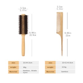 MenGate 2Pcs Boar Bristle Round Brush Set for Blow Drying, Wooden Rat Tail Comb Hair Brush for Women Men and Kids Curling, Styling, Volume & Shine