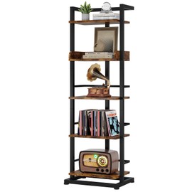 Hosfais Book Shelf Narrow Bookshelf: 5 Tier Wood Bookcase with Metal Edge Protection Industrial Modern Bookshelf Book Storage Organizer for Living Room Bedroom Home Office (Rustic Brown)