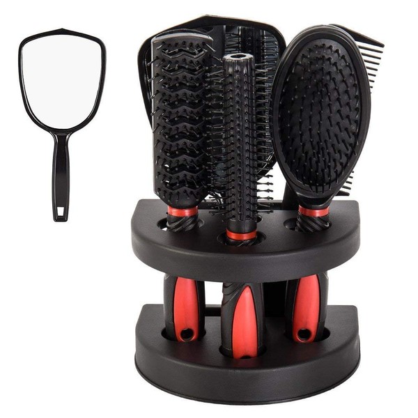 Healthcom Set of 5 Hair Combs Set Professional Salon Hair Cutting Brushes Sets Salon Hairdressing Styling Tool Mirror And Holder Stand Set Dressing Comb Kits for Women and Men,Red