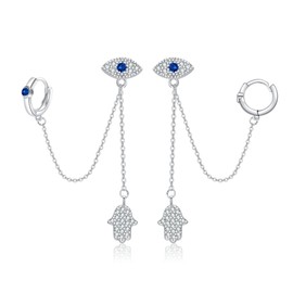 VENACOLY Evil Eye Earrings 925 Sterling Silver Double Piercing Earrings with Hamsa Motifs Evil Eyes Jewellery Gifts for Women, Sterling Silver, Cubic Zirconia