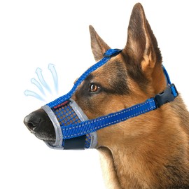 Dog Muzzle, Air Mesh Breathable Muzzle for Medium Large Sized Dogs to Anti & Prevent Biting Barking, Soft Grooming Muzzle for German Shepherd Dog with Reflective & Adjustable Strap(Blue-M