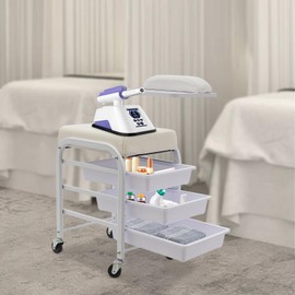3 Drawers Beauty Salon Nail Cart, Foot Bath Spa Trolley Portable Esthetician Trolley Cart with Hand Rest and Seat Cushion, Pedicure Manicure Funiture Massage Table Salon Supplies Pedicure Chair