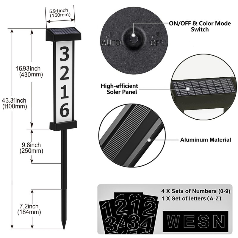 CTOL Solar Address Sign - Double-Sided LED Illuminated House Numbers,