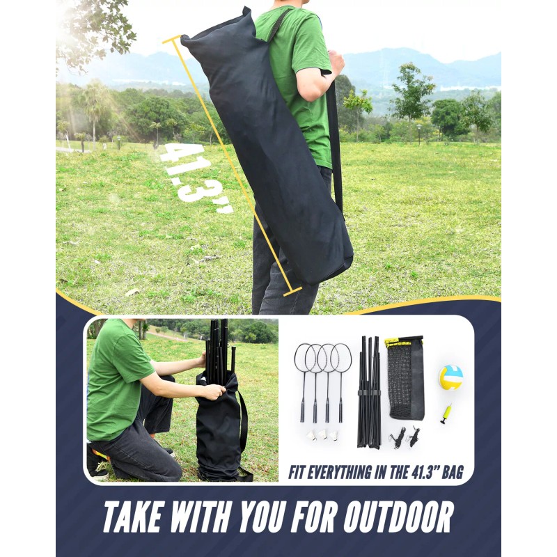 Patiassy 5.1ft-7.4ft Adjustable Height Volleyball Badminton Net Set with Poles