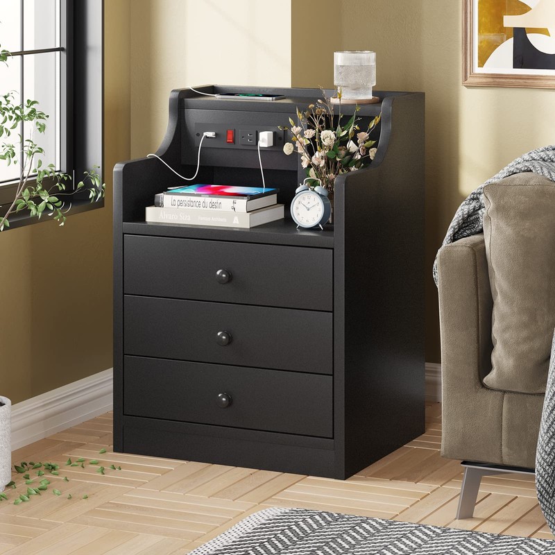 ADORNEVE Nightstand with Charging Station,Black Night Stand for Bedroom,End Table