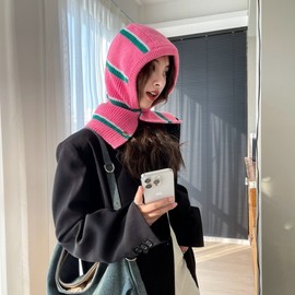 Imported Striped Knit Balaclava Hat - Korean Niche Style lf1418 (One Size/M 56-58cm) Elastic Pink 4ea