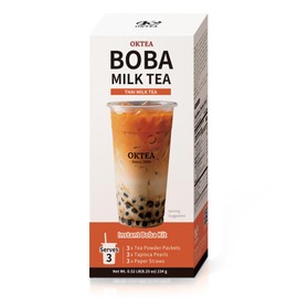 OKTEA Thai Essence Bubble Pearl Milk Tea Kit - Dairy-Free Creamer Edition - Assam Tea Blend, Real Sugar, Preservative-Free Tapioca Balls, Includes Paper Straws - 3 Servings