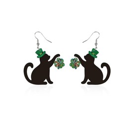 twinkle eye St Patricks Day Earrings Cute Shamrock Hat Black Cat Earrings Clover Acrylic Animals Dangle Good Luck Jewelry for Women Festival Accessories