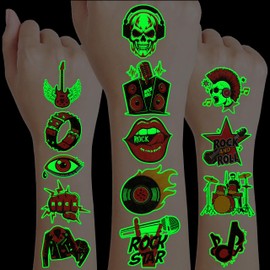 96 PCS Born to Rock And Roll Pre-Cut Luminous Temporary Tattoos for Kids | Super Cute Themed Birthday Party Favors, Supplies, Decorations, Music Fake Tattoo Stickers