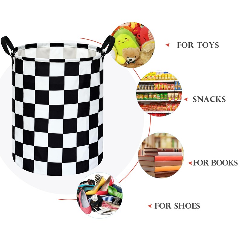 19.7 Inch Round Laundry Hamper Black Check Laundry Basket Fabric