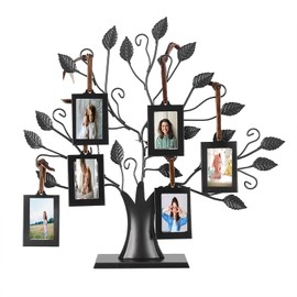 Family Tree,Frame Display with 6 Hanging Picture Photo Frames 2.52" x 1.81" in Black and Adjustable Ribbon Tassels Photos Display Tree for Home Free-Standing Tabletop Decoration(S)