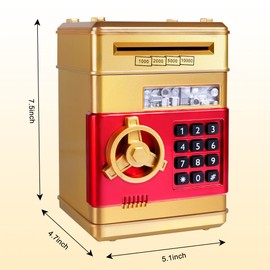 GuDoQi Piggy Bank for Boys Electronic Coin Money Bank Toy for 3 4 5 6 7 8 9 10 Year Old Children, Mini ATM Cash Coin Saving Box for Birthday Gifts Kids Age 3-10, Gold