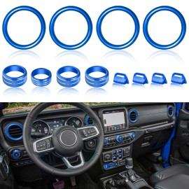 SENSHINE AC Knob Cover Vent Outlet Trim Ring for Jeep Wrangler JL JLU Accessories 2018-2023 Gladiator JT 2020-2023 Window Switch Button Cover Volume Radio Headlight Switch Knob Covers, 12 Pcs (Blue)