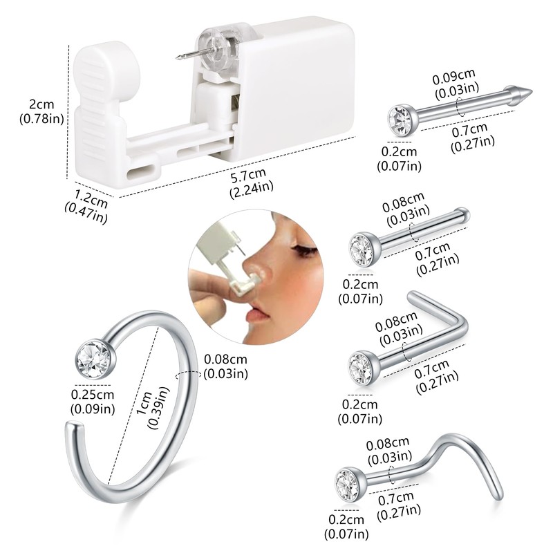 AVYRING 8Pcs Nose Piercing Kit, Piercing Gun Built-in Silver Nose