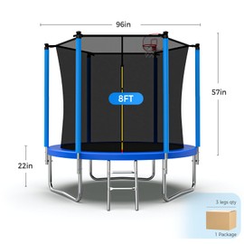 Unovivy 8 ft Outdoor Trampoline with Safety Enclosure Net & Basketball Hoop, Heavy Duty Backyard Trampoline for Kids, Blue