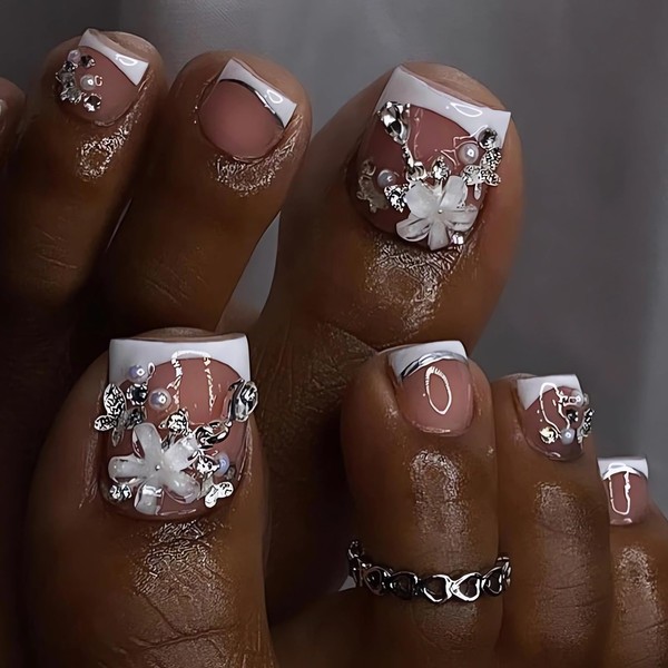 GlamRays White French Tip Toe Nails Full Cover Pearls 3D