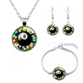 Mandy Xia Pool Billiards Ball Necklace Bracelet Earrings Sets Lucky 8 Ball Pool Player Gift for Billiards Lover (Green)