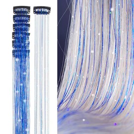 Hair Tinsel 12 Pcs Clip in Hair Tinsel Kit for Girls 22 Inch Glitter Fairy Tinsel Hair Extensions Colorful Heat Resistant Party Festival Accessories for Women Kids (Sapphire Blue)