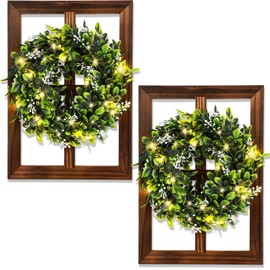 Lineshading 2 Sets Rustic Wood Window Frame Wall Decor with Green Wreath and LED Lights Farmhouse Fake Faux Window Wall Decor Pane Hanging Decoration for Living Room Bedroom Pane Decoration