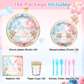 Avezano 168 PCS Bear Gender Reveal Decorations Blue and Pink Bear Plates Napkins Tableware Set We Can Bearly Wait Gender Reveal Decorations Supplies, Serves 24