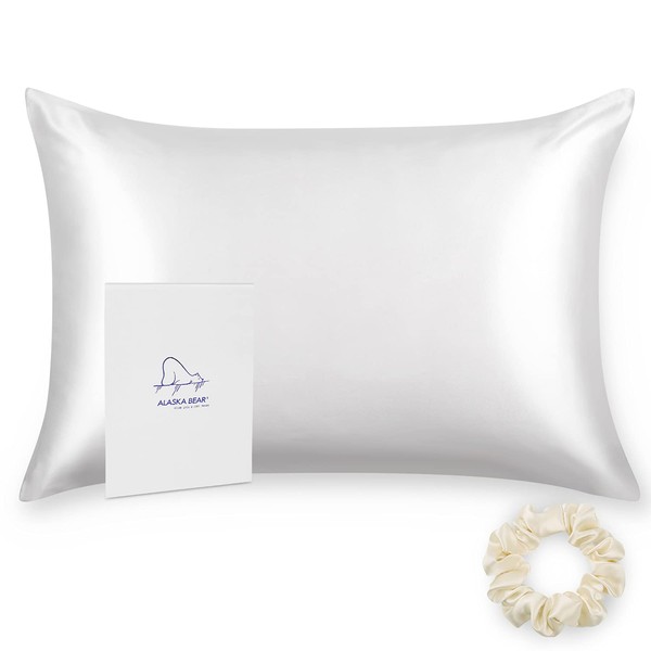 ALASKA BEAR 100% 19 Momme Mulberry Silk Pillowcase, 50x75 cm, Both Sides Silk, 600 Thread Count, Hypoallergenic Pillow Shams Cover for Skin Health with Hidden Zipper (1pc, White)