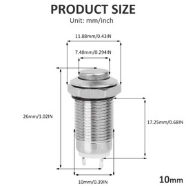 DIYhz Metal Waterproof Push Button Switch Self-Locking Lock Switch 10mm Small Power Button Switch Silver 220V 1A 3PCS