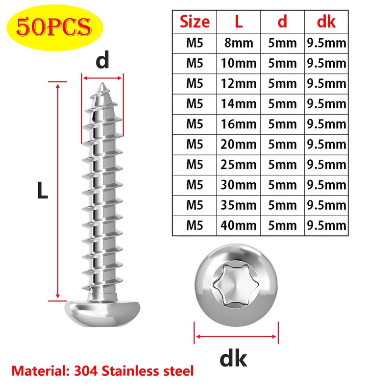 Qrity 50PCS M5x16mm Self Tapping Screw, Torx Pan Head Screws,