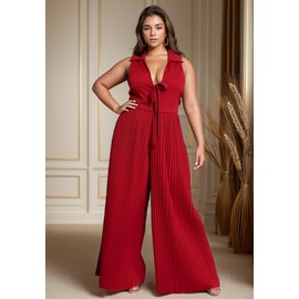 WUSENST Plus Size Jumpsuits for Women Casual Pleated Wide Leg Deep V Neck Sleeveless Long Pants Romper With Front Tie