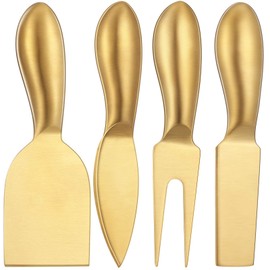 Patelai 4 Pieces Stainless Steel Cheese Knives Set, Knife Fork Slicer Butter Knife Set for Charcuterie and Cheese Spread Kitchen Cooking Christmas Gift for Women (Gold)