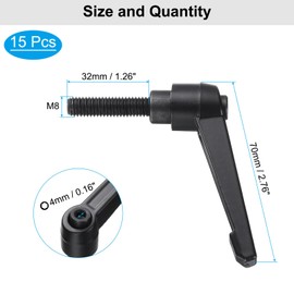 sourcing map 15pcs Lever Adjustable Handles M8 x 32mm Metric Male Thread, Level Clamping Handle Hand Stud Knobs Rotating Screw Handles Bolts with Locking Lever, Black